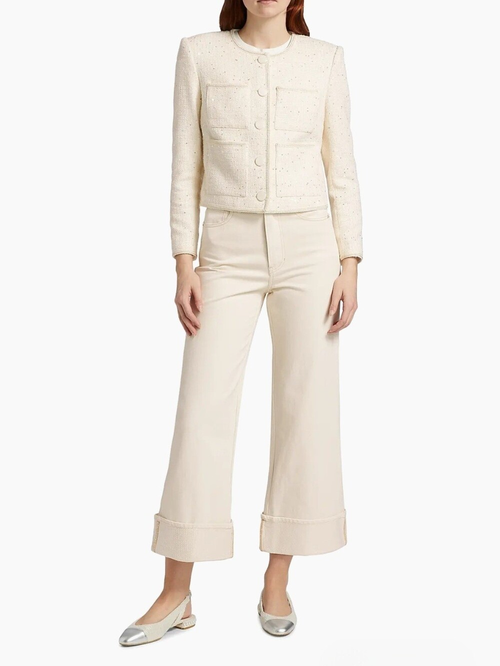 Veronica Beard Taylor Cropped‎ Cuffed Jeans With Sequined Cuff In Ecru